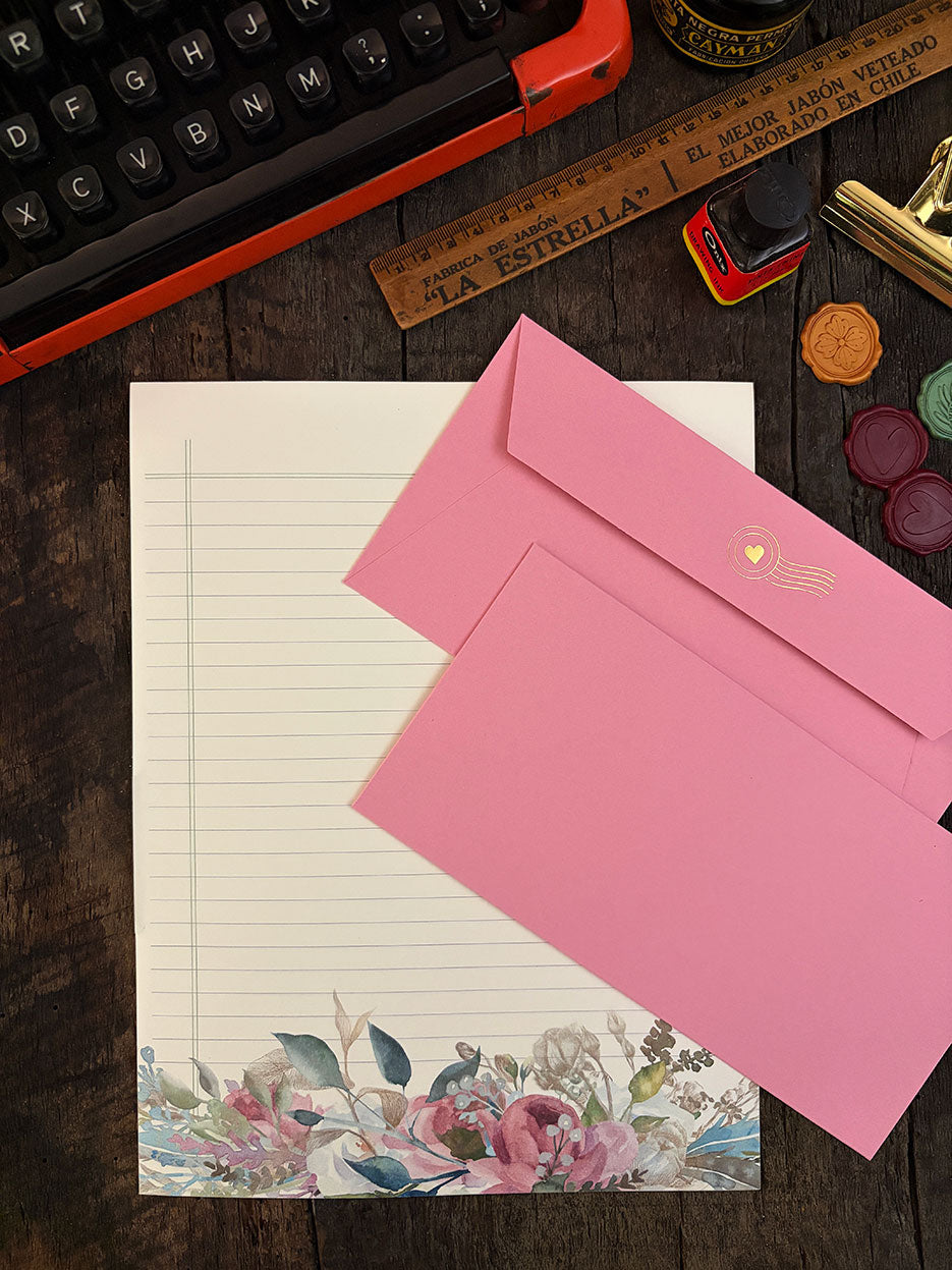 Set de Escritura · Flores Rosadas
