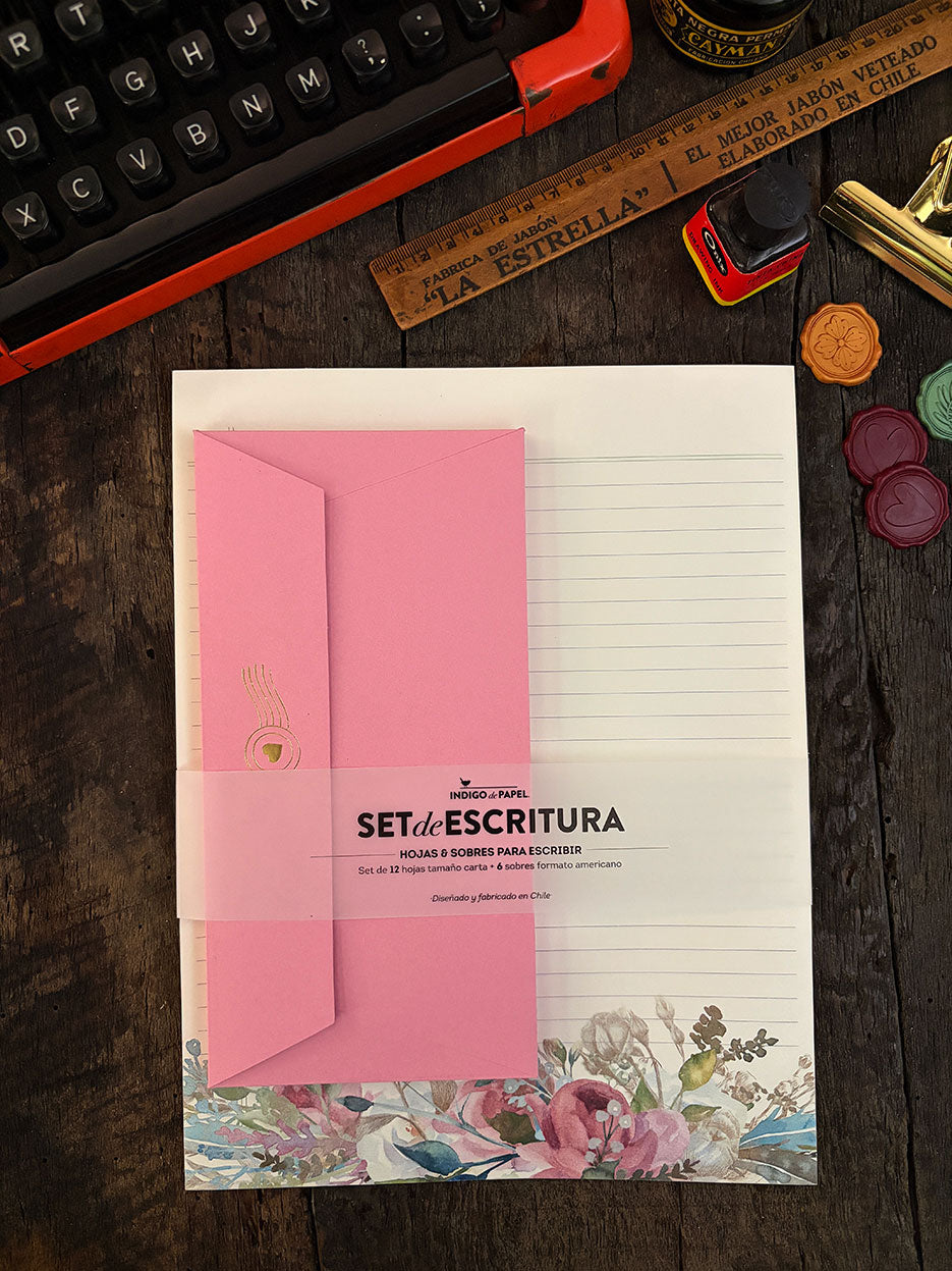 Set de Escritura · Flores Rosadas
